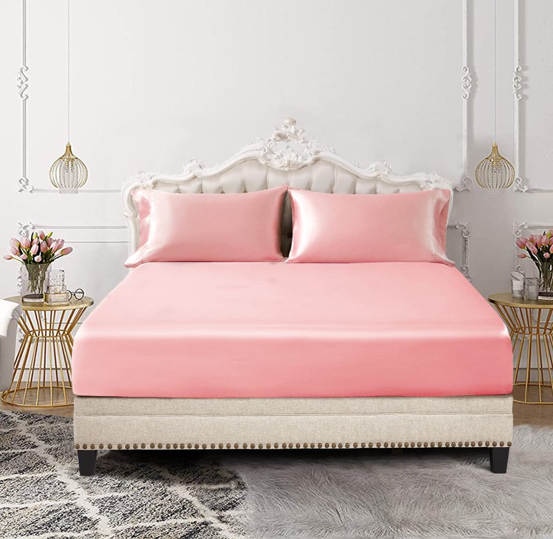 SiinvdaBZX 3-Piece Set Satin Twin Fitted Sheet & 2 Pillowcase  Blush Pink Silky Soft Fitted Bottom Sheet  Wrinkle Free  Fade Resistant  Deep Pocket Bed Sheet (Deep Up to 15"") - Image 2